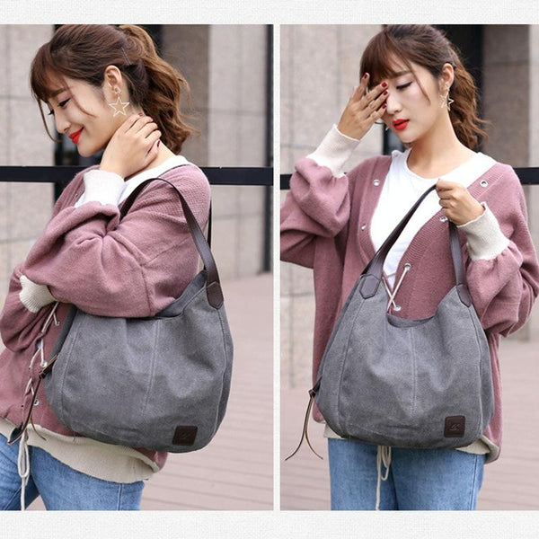 1 x Womens Casual Canvas Bucket Tote Shoulder Bag Multi Pocket Black