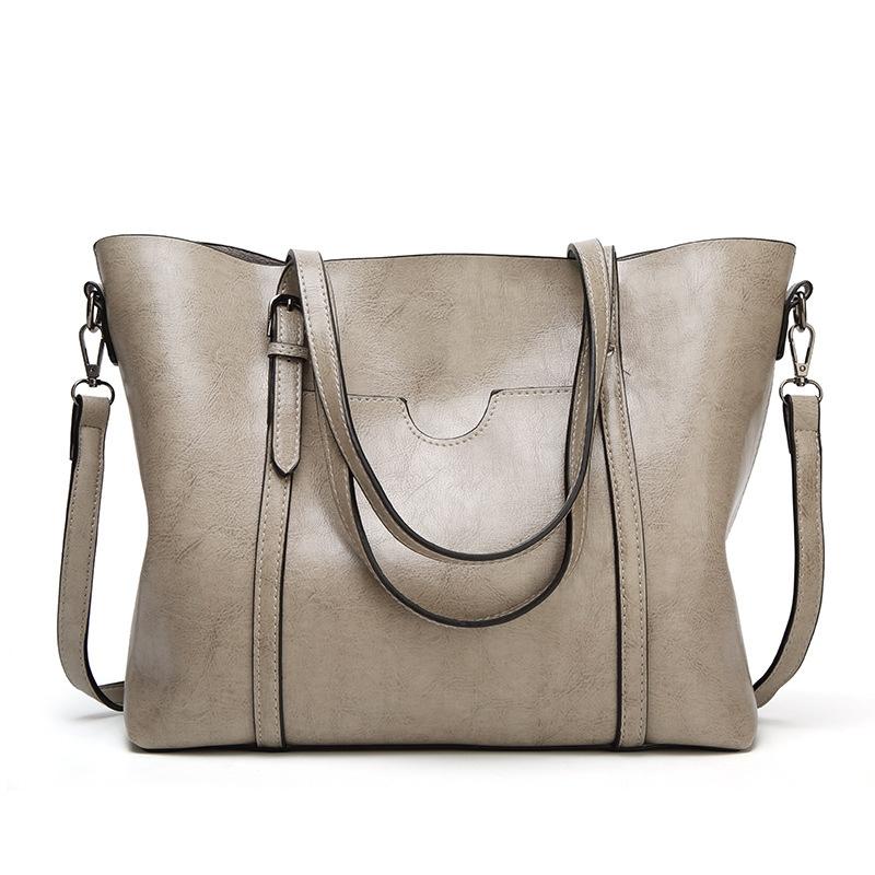 Wax Finish Faux PU Leather Tote Shoulder Bag Handbag Buckle Detail Dark Grey