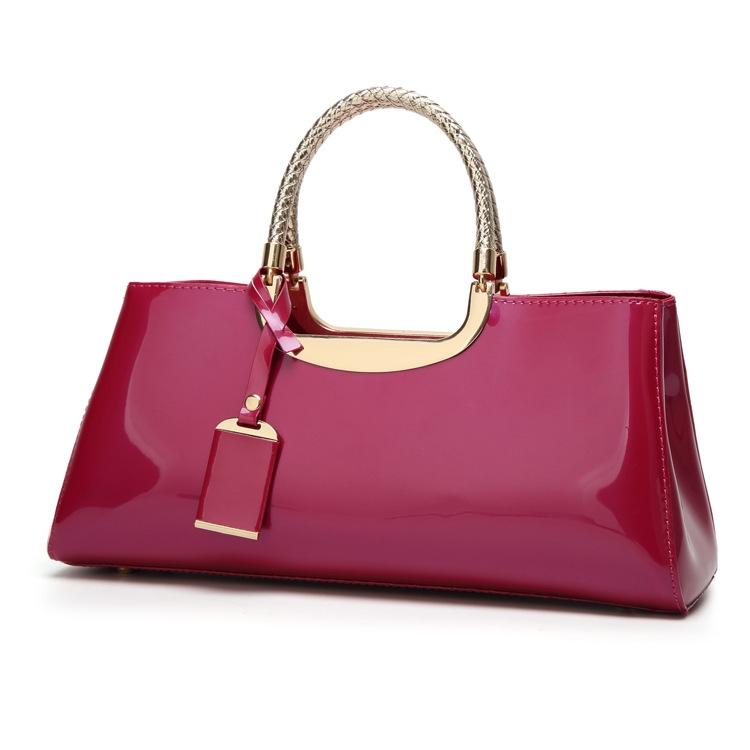 Patent PU Leather Womens Handbag Metal Rope Look Handles Gold Trim Rose Red