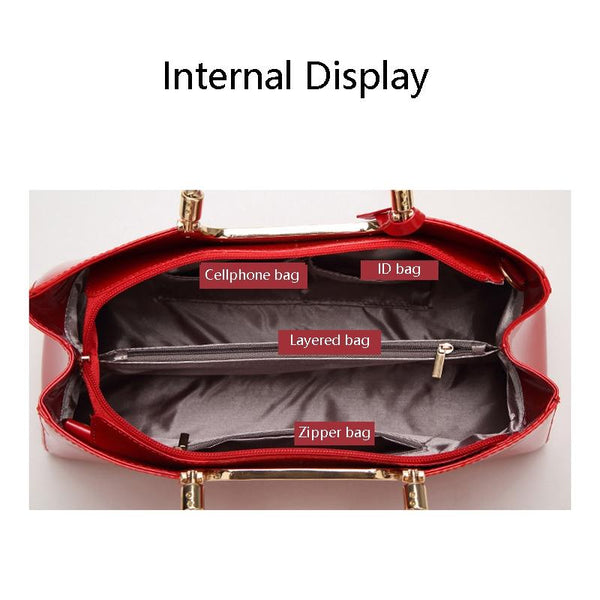 Patent PU Leather Womens Handbag Metal Rope Look Handles Gold Trim Rose Red