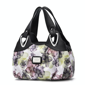 Faux PU Leather Slouchy Bucket Bag Handbag Multi Pocket Black Handle Green Floral