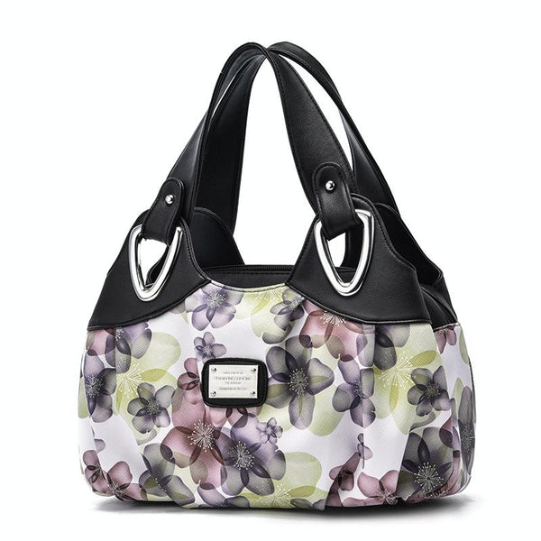 Faux PU Leather Slouchy Bucket Bag Handbag Multi Pocket Black Handle Green Floral