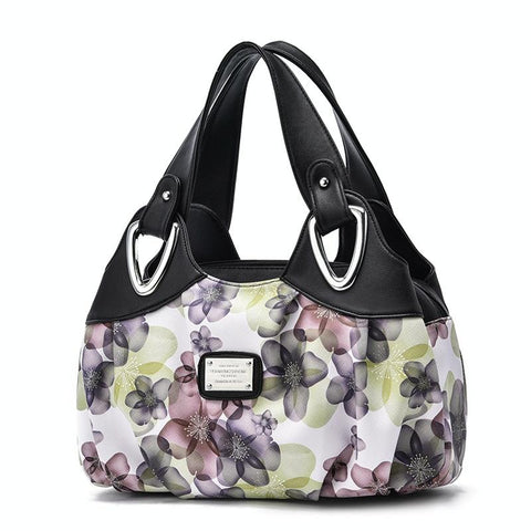 Faux PU Leather Slouchy Bucket Bag Handbag Multi Pocket Black Handle Green Floral