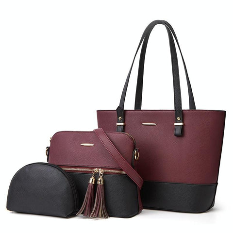 3Pce Faux PU Leather Tote Crossbody Shoulder Bag Handbag Coin Purse Purple Black