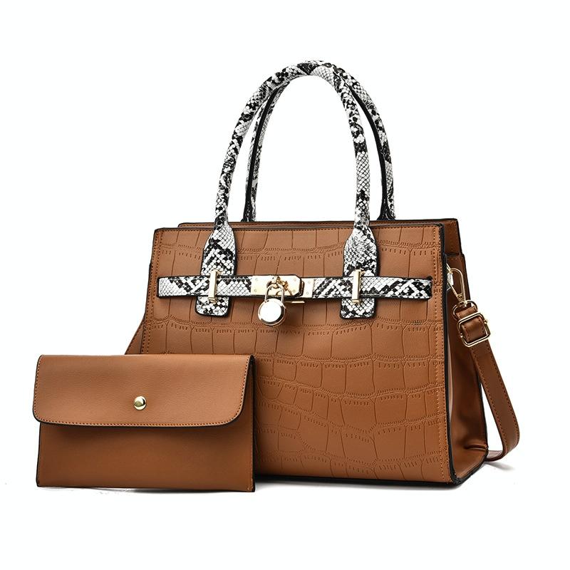 2 Pce Faux Crocodile PU Leather Tote Shoulder Clutch Bag Handbag Caramel Brown