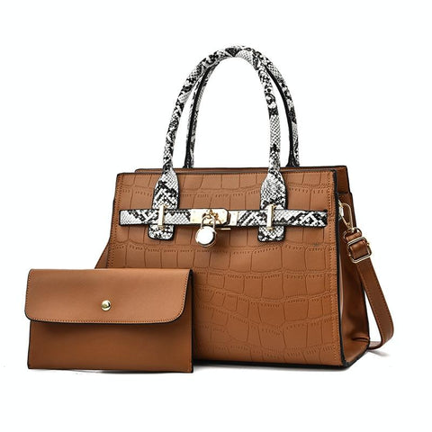 2 Pce Faux Crocodile PU Leather Tote Shoulder Clutch Bag Handbag Caramel Brown