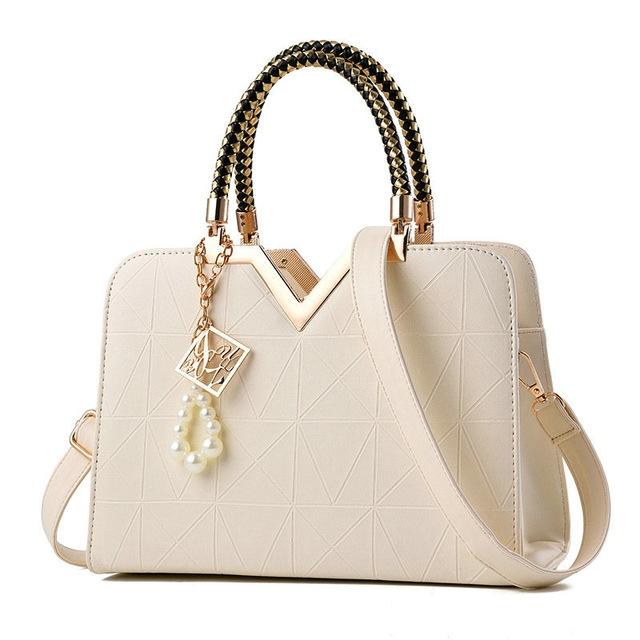 Faux PU Leather Crossbody Shoulder Bag Handbag V Top Faux Pearl Charm Off White