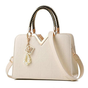 Faux PU Leather Crossbody Shoulder Bag Handbag V Top Faux Pearl Charm Off White