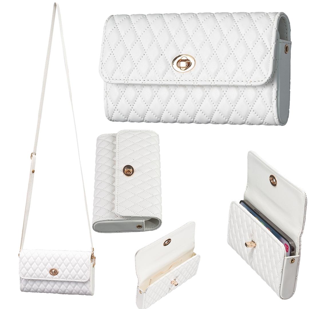 Faux PU Leather Quilted Crossbody Shoulder Clutch Bag Mobile White
