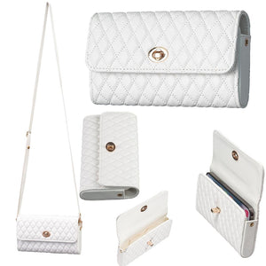 Faux PU Leather Quilted Crossbody Shoulder Clutch Bag Mobile White