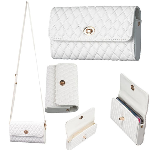 Faux PU Leather Quilted Crossbody Shoulder Clutch Bag Mobile White