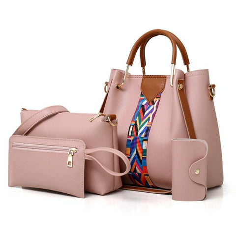 4 Piece PU Leather Tote Shoulder Clutch Bag Handbag Wallet Purse Set Pink
