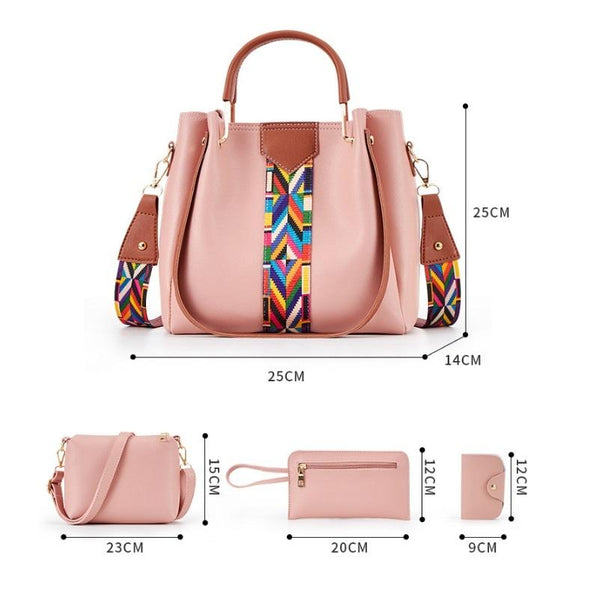 4 Piece PU Leather Tote Shoulder Clutch Bag Handbag Wallet Purse Set Pink