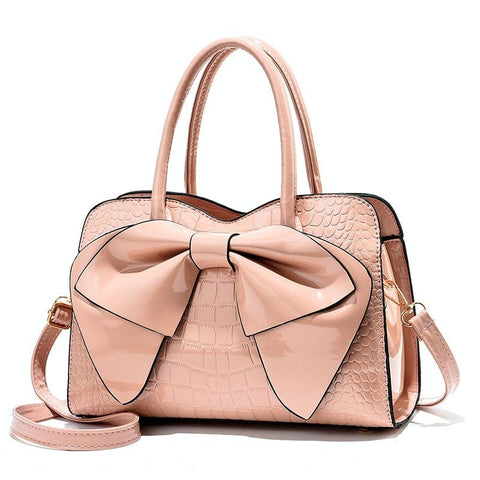 Faux Patent Crocodile PU Leather Womens Shoulder Bag Handbag Bow Design Pink