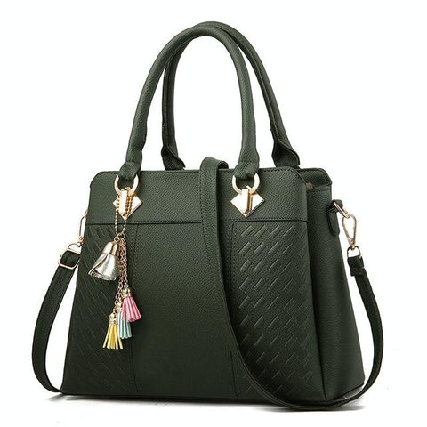 Embroidered Faux PU Leather Shoulder Crossbody Bag Tassel Charm Green