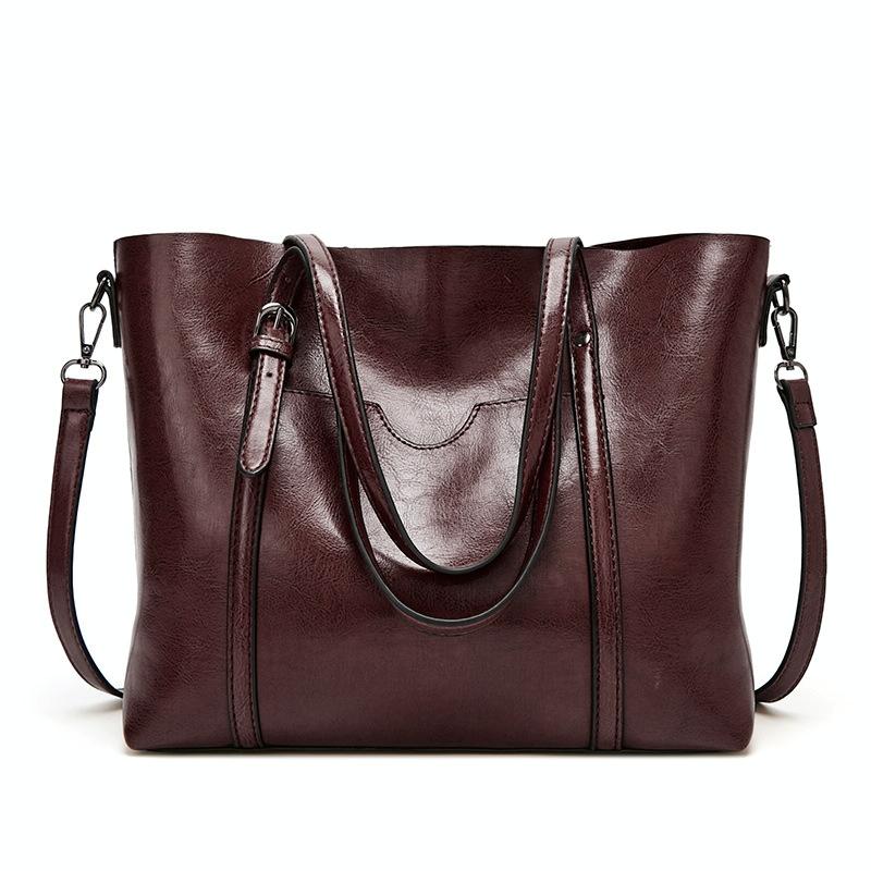 Wax Finish Faux PU Leather Tote Shoulder Bag Handbag Buckle Detail Deep Purple