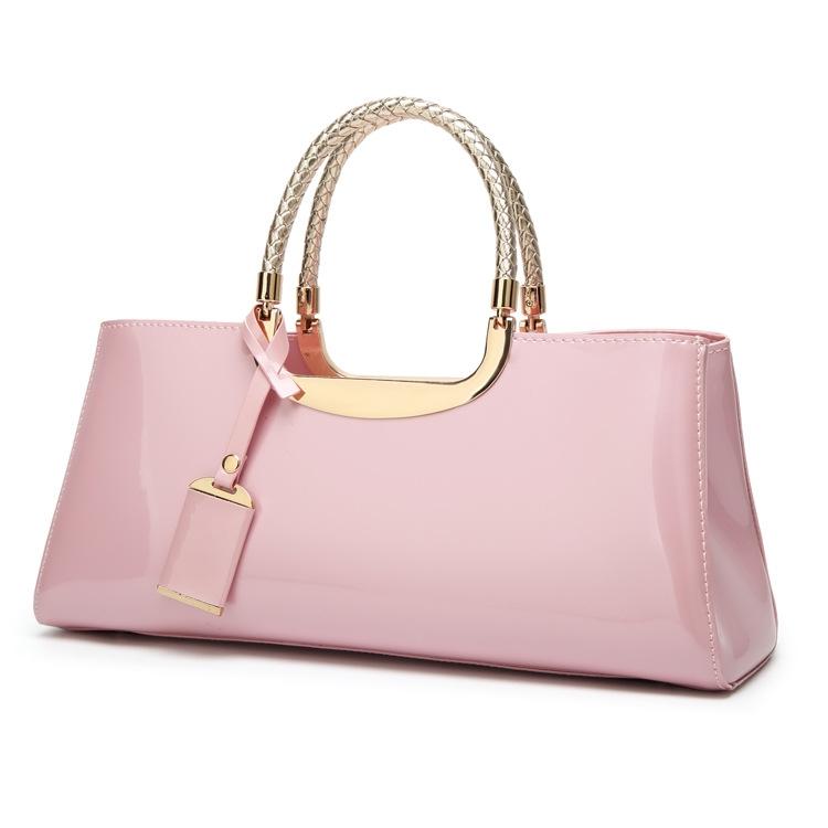 Patent PU Leather Womens Handbag Metal Rope Look Handles Gold Trim Pink