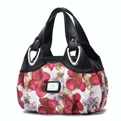Faux PU Leather Slouchy Bucket Bag Handbag Multi Pocket Black Handle Red Floral