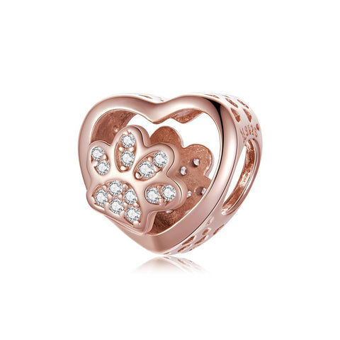 Paw Print Rose Gold Plated Sterling Silver Zircon CZ Bead Charm Bracelet Necklace