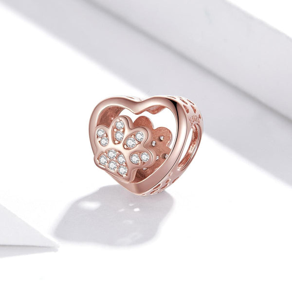 Paw Print Rose Gold Plated Sterling Silver Zircon CZ Bead Charm Bracelet Necklace