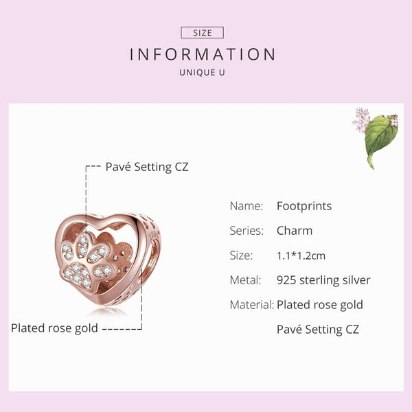 Paw Print Rose Gold Plated Sterling Silver Zircon CZ Bead Charm Bracelet Necklace