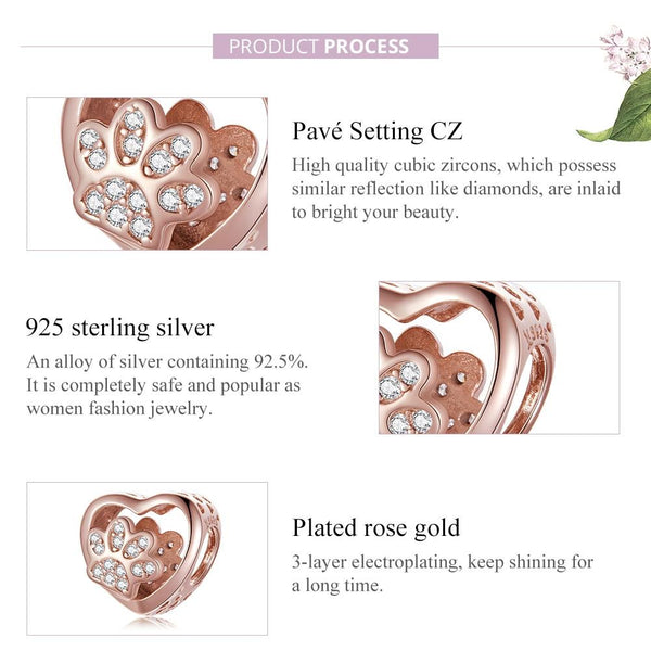 Paw Print Rose Gold Plated Sterling Silver Zircon CZ Bead Charm Bracelet Necklace