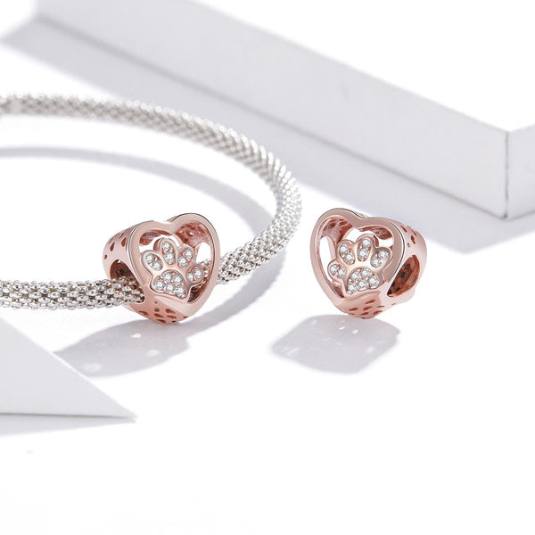 Paw Print Rose Gold Plated Sterling Silver Zircon CZ Bead Charm Bracelet Necklace