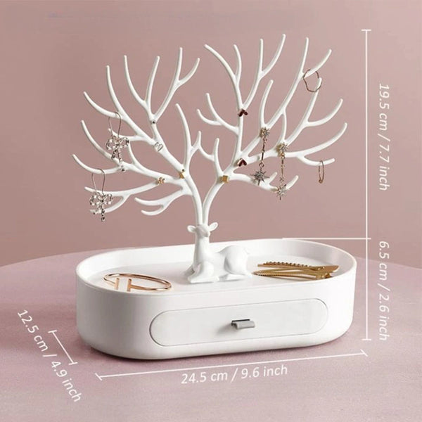 Deer Antler Tree Jewellery Display Stand Ring Earring Necklace Bracelet White Drawer