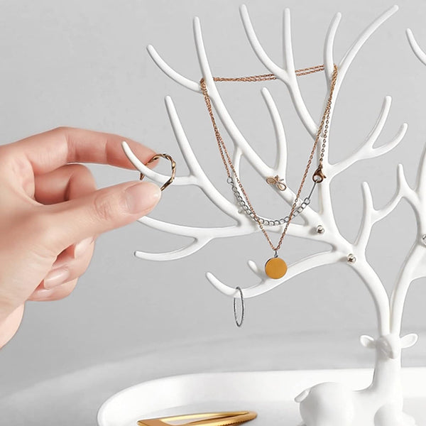 Deer Antler Tree Jewellery Display Stand Ring Earring Necklace Bracelet White Drawer
