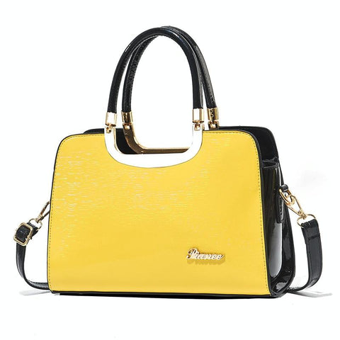 Faux PU Leather Tote Shoulder Bag Handbag Gold Hardware Yellow Black