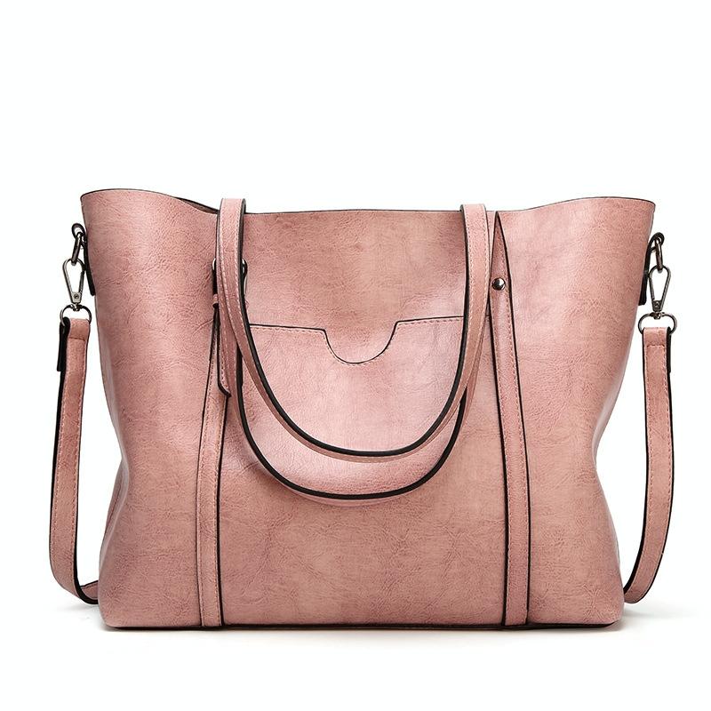 Wax Finish Faux PU Leather Tote Shoulder Bag Handbag Buckle Detail Pink