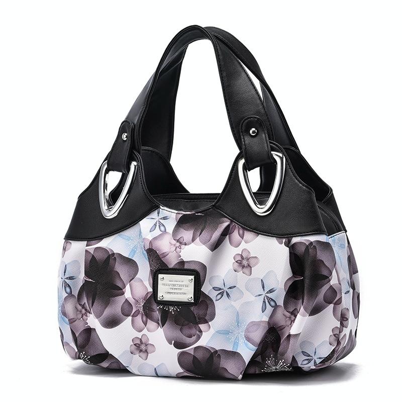 Faux PU Leather Slouchy Bucket Bag Handbag Multi Pocket Black Handle Purple Floral