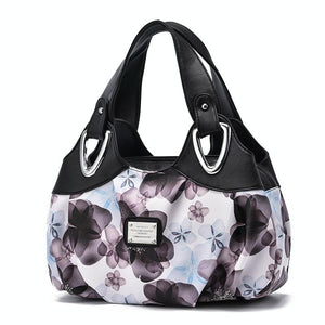 Faux PU Leather Slouchy Bucket Bag Handbag Multi Pocket Black Handle Purple Floral