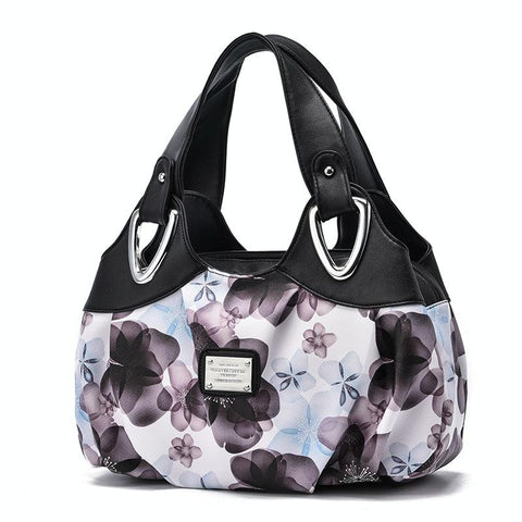 Faux PU Leather Slouchy Bucket Bag Handbag Multi Pocket Black Handle Purple Floral