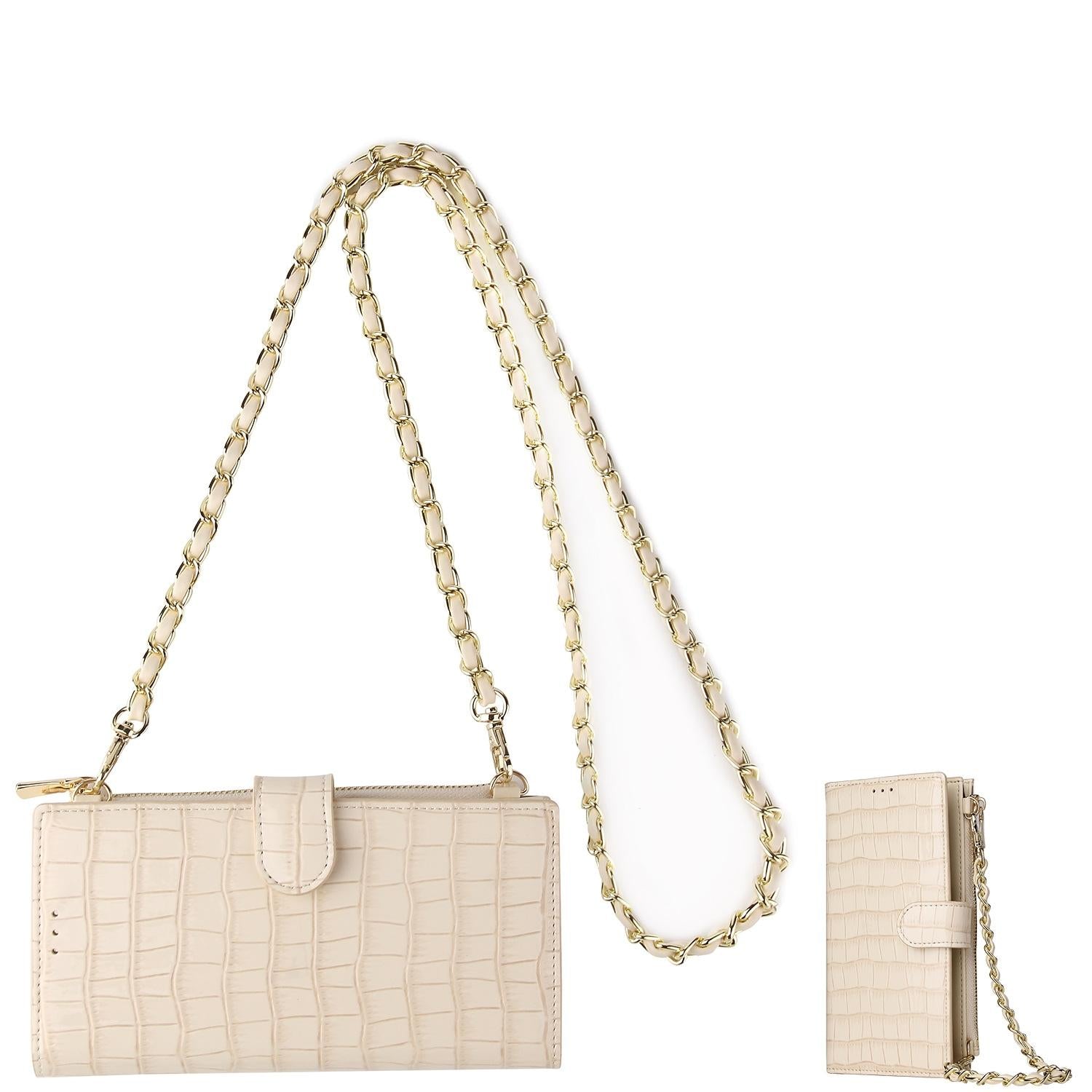 Faux PU Leather Crocodile Crossbody Shoulder Bag Chain Straps Sapphire Beige