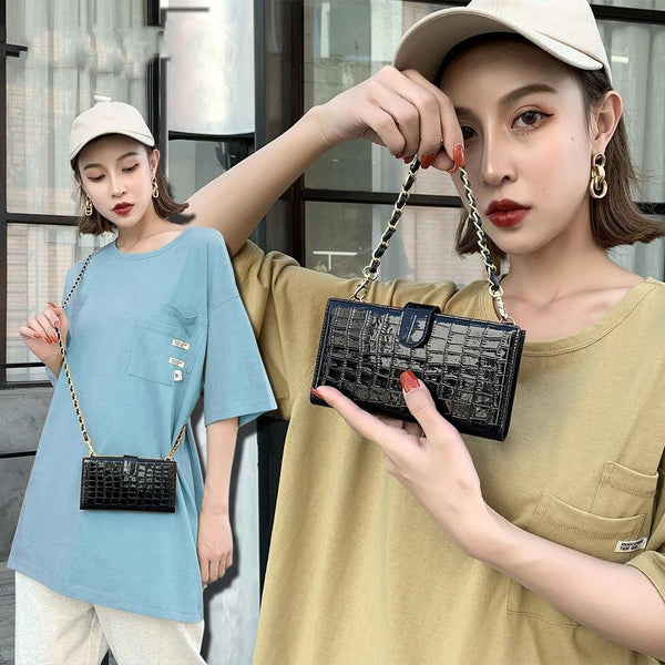 Faux PU Leather Crocodile Crossbody Shoulder Bag Chain Straps Sapphire Beige