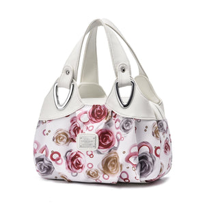 Faux PU Leather Slouchy Bucket Bag Handbag Multi Pocket White Handle Red Rose