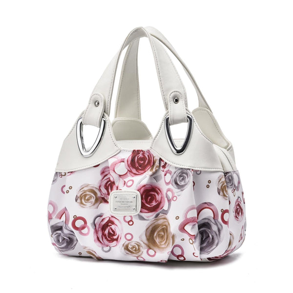 Faux PU Leather Slouchy Bucket Bag Handbag Multi Pocket White Handle Red Rose