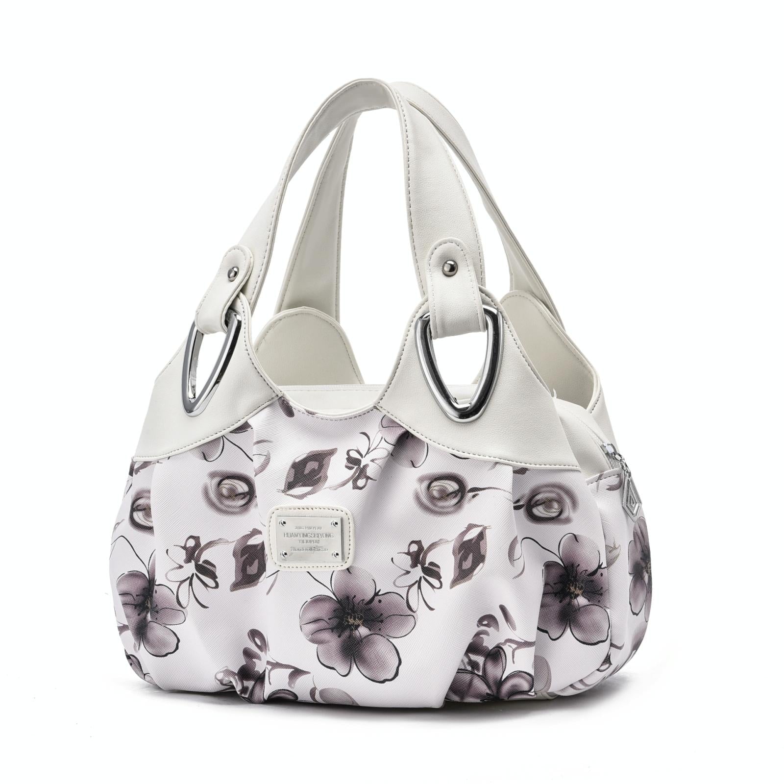 Faux PU Leather Slouchy Bucket Bag Handbag Multi Pocket White Handle Grey Floral
