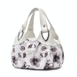 Faux PU Leather Slouchy Bucket Bag Handbag Multi Pocket White Handle Grey Floral
