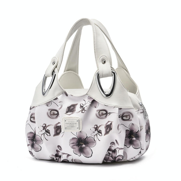 Faux PU Leather Slouchy Bucket Bag Handbag Multi Pocket White Handle Grey Floral