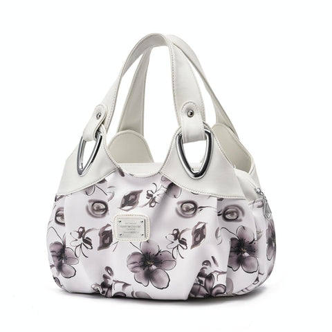 Faux PU Leather Slouchy Bucket Bag Handbag Multi Pocket White Handle Grey Floral