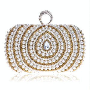 Faux Pearl Beaded Rhinestone Womens Evening Wedding Party Clutch Bag Gold
