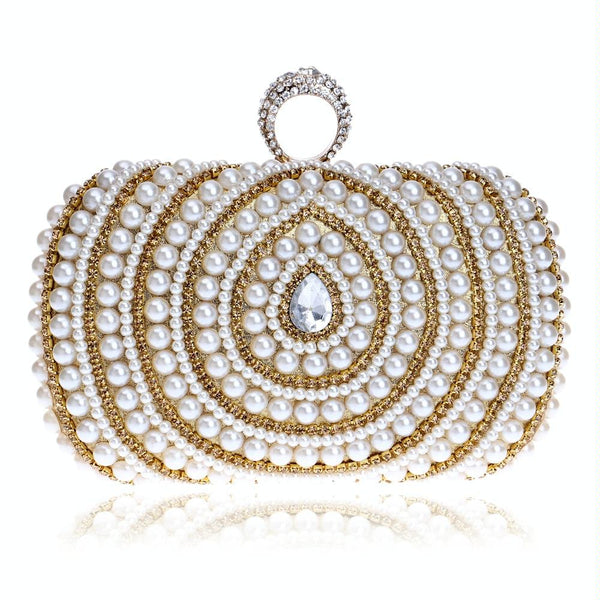 Faux Pearl Beaded Rhinestone Womens Evening Wedding Party Clutch Bag Gold