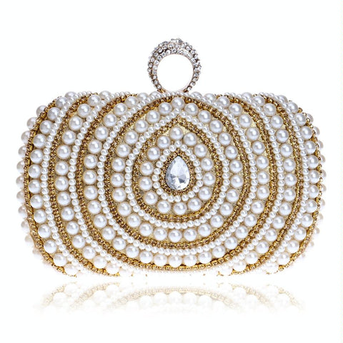 Faux Pearl Beaded Rhinestone Womens Evening Wedding Party Clutch Bag Gold