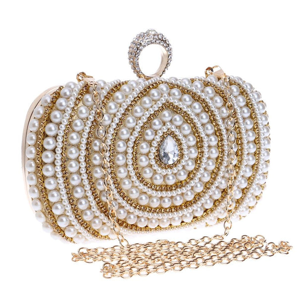 Faux Pearl Beaded Rhinestone Womens Evening Wedding Party Clutch Bag Gold