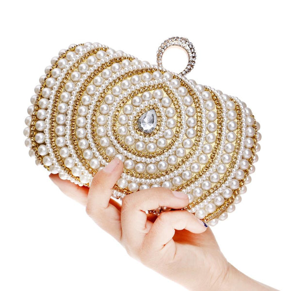 Faux Pearl Beaded Rhinestone Womens Evening Wedding Party Clutch Bag Gold