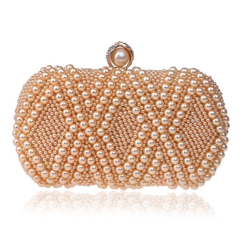 Diamond Pattern Faux Pearl Beaded Evening Wedding Party Clutch Bag Gold