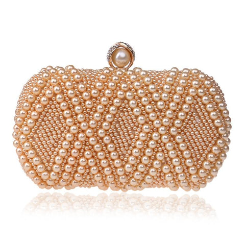 Diamond Pattern Faux Pearl Beaded Evening Wedding Party Clutch Bag Gold