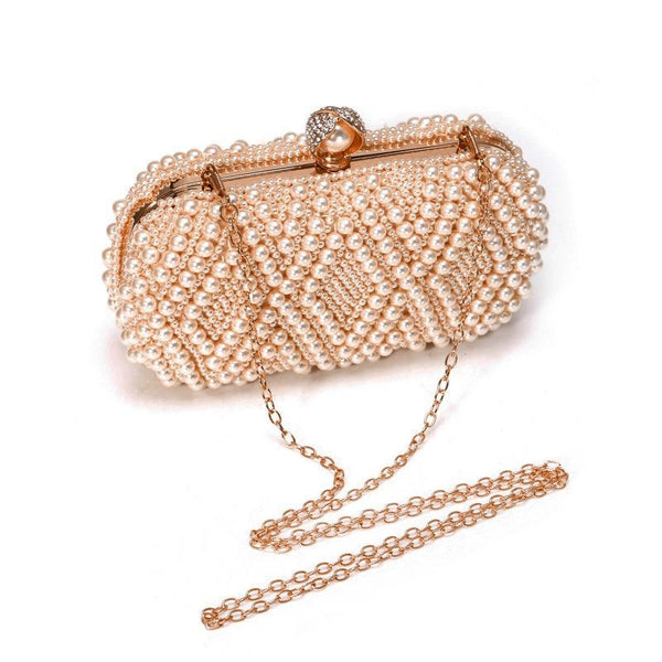 Diamond Pattern Faux Pearl Beaded Evening Wedding Party Clutch Bag Gold